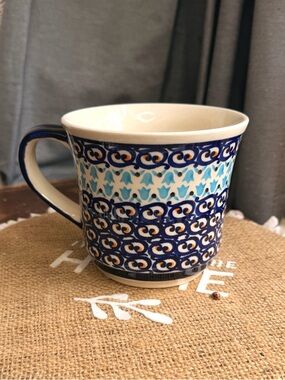 Boleslawiec Handmade Polish Pottery Blue White Geometric Ceramic Mug 4 in